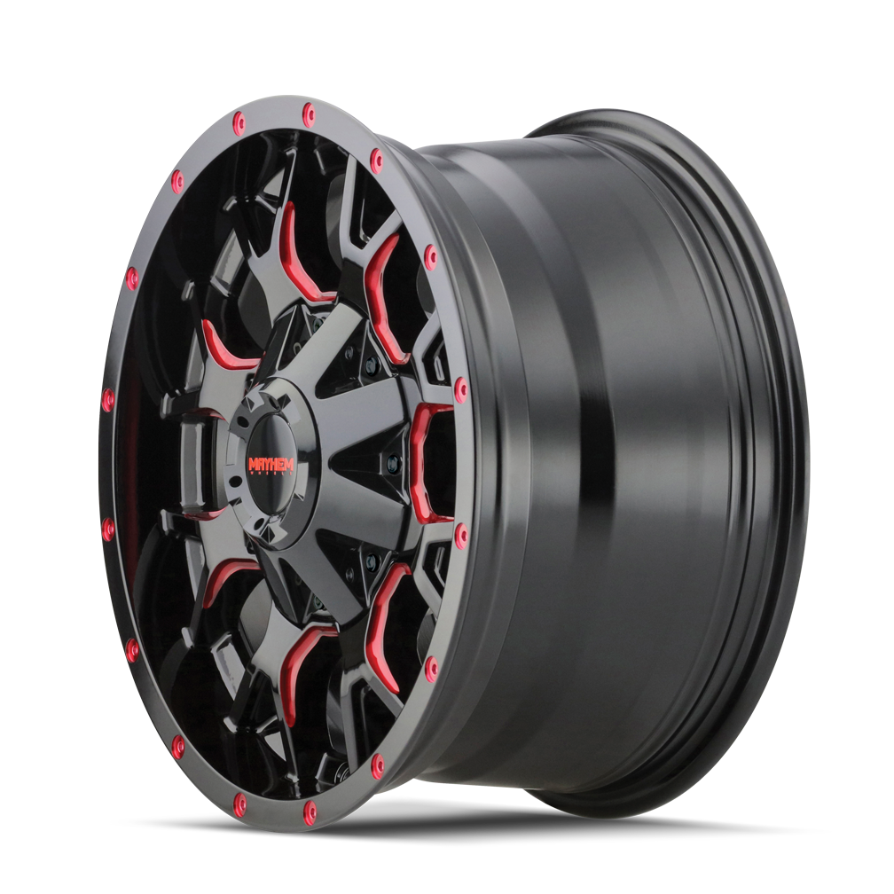 mayhem warrior 8015 gloss black milled prism red 17x9 6-135/6-139.7 18mm 106mm